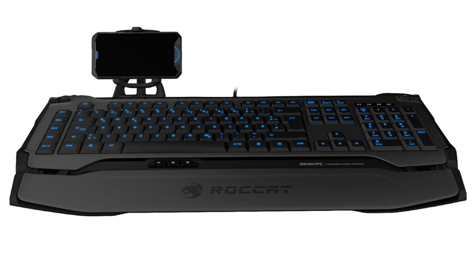 Das Roccat Skeltr Gaming Keyboard hat auch eine universelle Smartphone-Halterung.