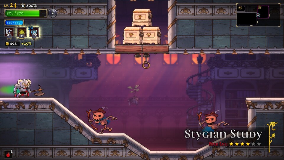 Helden mit Reizdarmsyndrom werden in Rogue Legacy 2 von grünen Wolken und Furzgeräuschen begleitet (links).