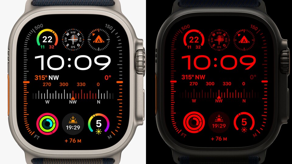 Links die standardmäßige Anzeige der Apple Ultra Watch 2 am Tag, rechts die Version mit roter Schrift für die Nacht.