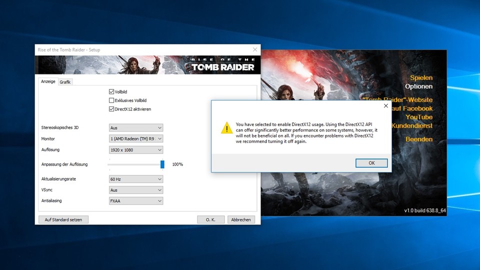 DirectX 12 lässt sich über den Launcher von Rise of the Tomb Raider aktivieren. Eine Warnmeldung erklärt, dass die neue Schnittstelle nicht auf allen Systemen für mehr Leistung sorgen kann, was unserer Erfahrung nach vor allem für PCs mit schnellen CPUs gilt.