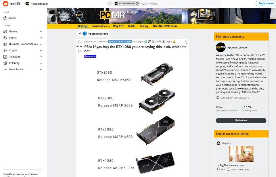 In Foren wie Reddit kommt die RTX 4080 wegen ihres Preises meist nicht gut weg, wie die Diskussion zu diesem Beitrag mit fast 3.000 Kommentaren beispielhaft zeigt.