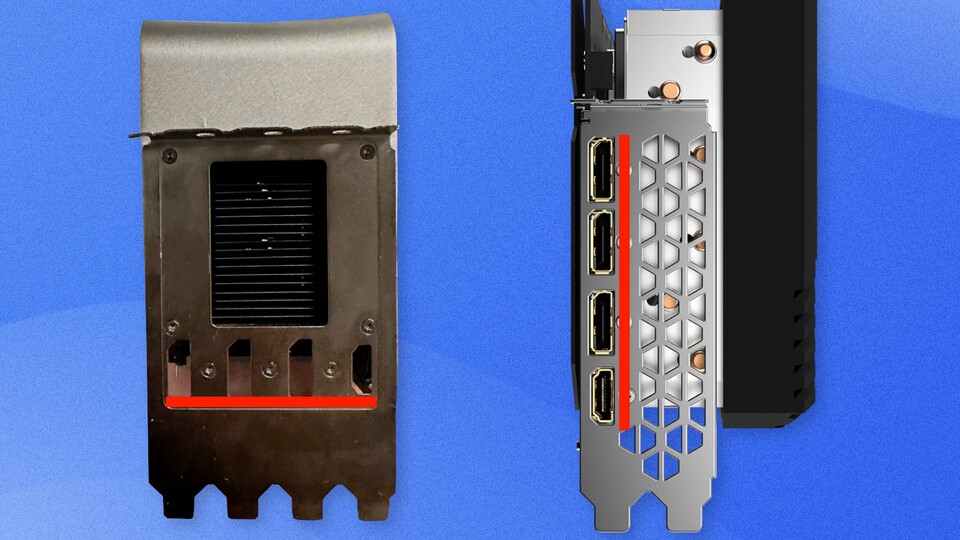 Links die Platzierung der Anschlüsse beim auf Goofish auftauchten Kühler, rechts die der Gigabyte RTX 4090 Windforce. (Bildquelle Kühler: HayakaGoofish)