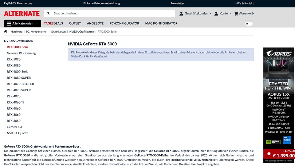 Vorboten des Verkaufsstarts: Die später bei Alternate gelisteten GPUs waren für mich aber alle direkt bei ihrem ersten Auftauchen im Shop um 15:00 Uhr nicht bestellbar.