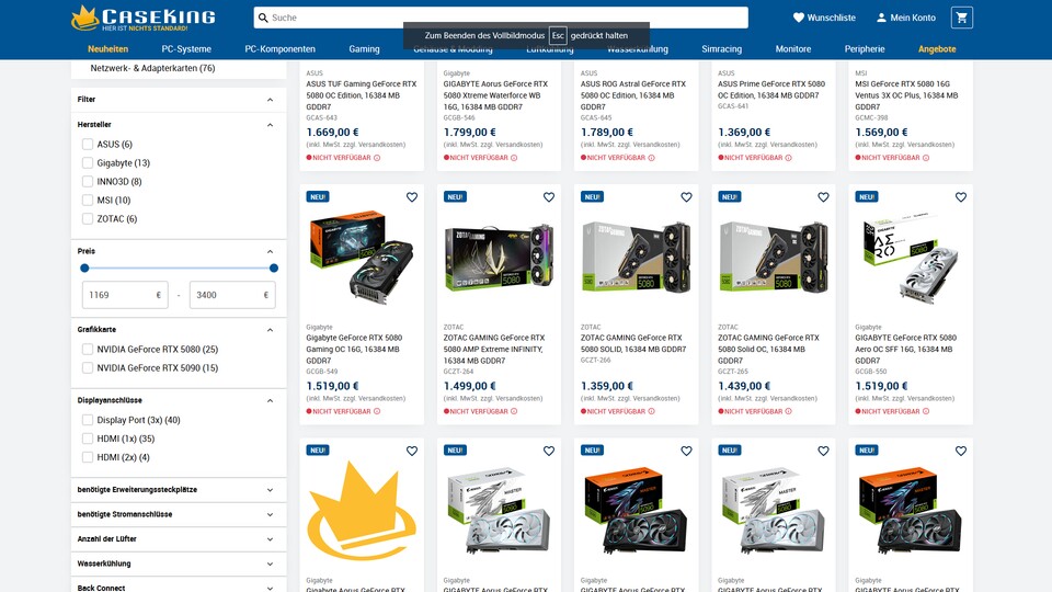 Viele Custom-Designs der RTX 5080 sind erwartungsgemäß bei Caseking weit von der UVP von 1.169 Euro entfernt.