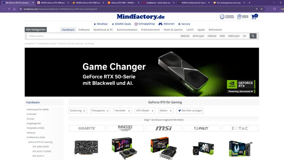 Die Shop-Seiten sind geöffnet, der Kaffee leer: Es kann losgehen! Oder auch nicht. Von RTX-5000-Karten war bei Mindfactory die meiste Zeit über nichts zu sehen.
