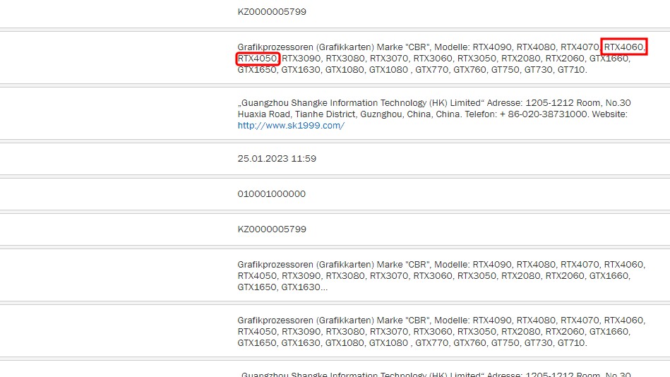 Shangke Group listet seit dem 25.01.2023 die beiden Grafikkarten RTX 4050 und 4060. (Bild:EEC)