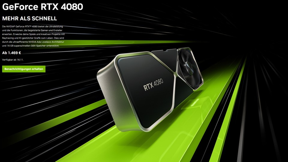 Die RTX 4080 wird hierzulande ab 1.469 € verfügar sein (Bild: Nvidia)