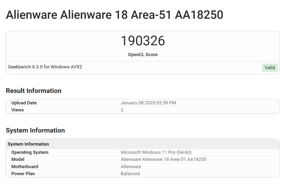 Die RTX-5080-Laptop liefert in einem es Geekbench-Durchlauf ein beeindruckendes Ergebnis. (Quelle: Geekbench)
