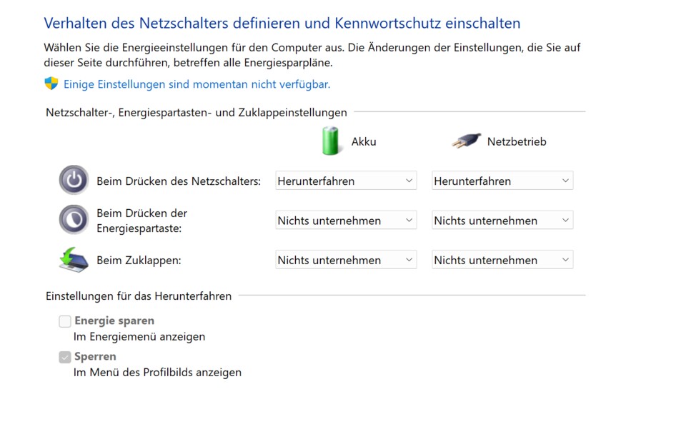 Über die Systemsteuerung könnt ihr ganz individuell anpassen, was passieren soll, wenn ihr den Startknopf drückt oder den Displaydeckel des Laptops schließt.