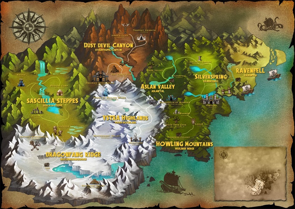 Derzeit sind acht Regionen in der Welt der Runen begehbar. Jeder Spieler beginnt unabhängig von seiner Klasse in dem Gebiet der Heulenden Berge.
