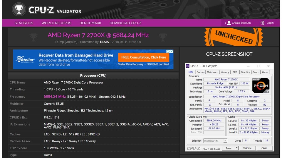 Noch sind die Ryzen-2000-CPUs nicht offiziell erschienen, die Jagd nach Overclocking-Rekorden hat aber bereits begonnen. Erste Ergebnisse liegen bei knapp über 5.880 MHz, was durchaus vielversprechend ist. (Quelle: Techpowerup.com)