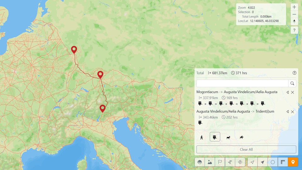 Klickt ihr auf itiner-e unten rechts auf den »Path Finder« könnt ihr antike Routen planen.