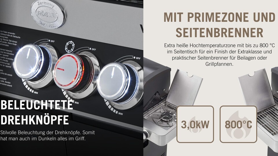 Drehregler, 3KW-Kochfeld und 800°C Keramik-Brenner. Diese Sear-Zone ist perfekt für Steaks - so eine Hitze ist brutal!