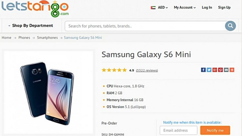 Das Samsung Galaxy S6 Mini zeigt sich auf einer Händlerseite.
