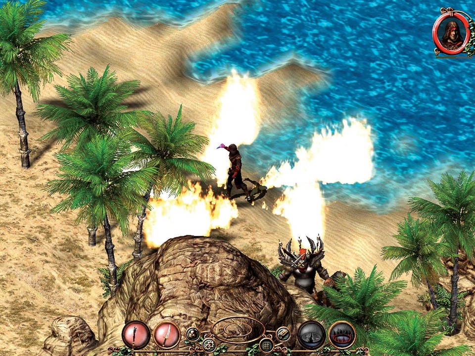 In der wunderschönen 3D-Landschaft mit Strand und Palmen brutzelt der Magier per magischem Zauberkreis dem Gegner eins über. (1024x768)