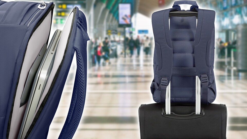 In Laptop-Fach des Rucksacks ist euer Arbeitsgerät stets sicher und dank Smart Sleeve könnt ihr den Rucksack auch ganz einfach auf dem Griff eines Rollkoffers befestigen.