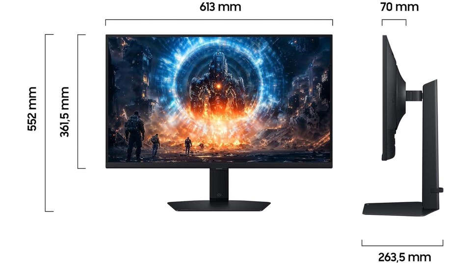 Volle Kontrolle und maximaler Komfort: Der ergonomische Standfuß des Samsung G60F ist höhenverstellbar, neigbar und bietet eine Pivot-Funktion, während der Eye Saver Modus eure Augen bei langen Sessions schont.