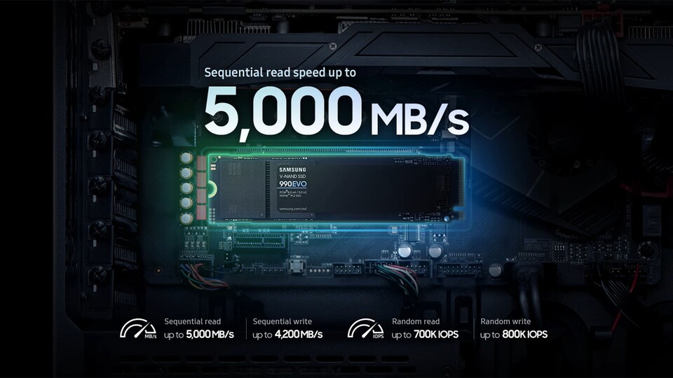 Mit einer sequenziellen Lesegeschwindigkeit von 5.000 MBs ist die 990 EVO ca. zehnmal schneller als eine herkömmliche Festplatte (HDD).
