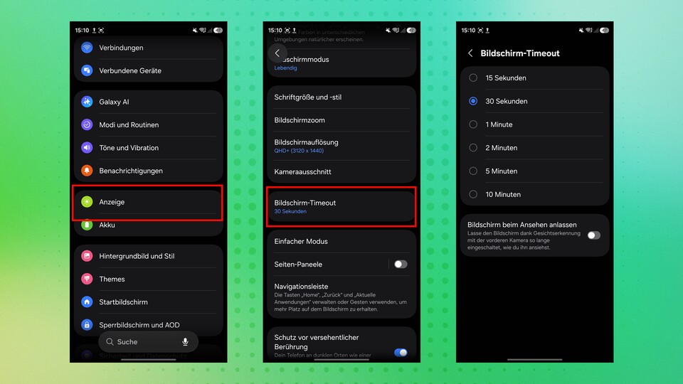 Wenn der Timeout 10 Minuten beträgt und ihr das Handy auf dem Tisch liegen lasst, bleibt es auch wirklich 10 Minuten eingeschaltet und belastet so die Akkulaufzeit.