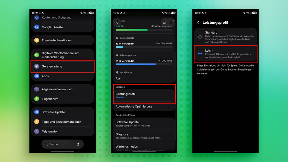 Kanntet ihr diese Option für das Leistungsprofil? Im Modus »Leicht« wird die Akku- und Kühlungseffizienz statt der reinen Leistung des Smartphones priorisiert.