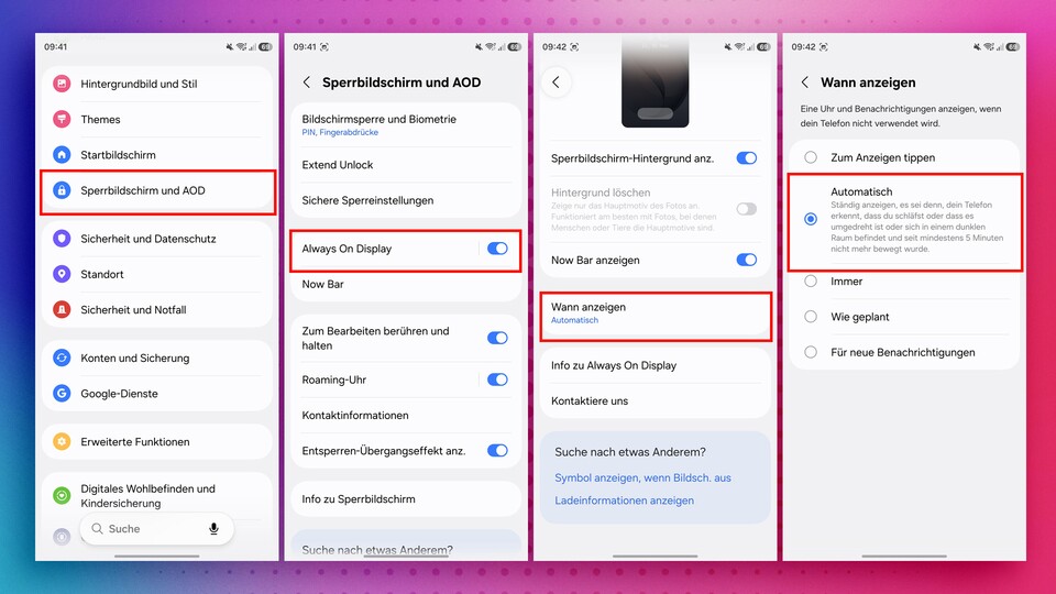 Die Always-On-Funktion ist super, muss für mich aber nicht dauerhaft aktiv sein. Glücklicherweise lässt Samsung hier viel Spielraum. Was zunächst nach deutlichen Einbußen klingt, reicht im Alltag und je nach Smartphone aber völlig aus. Bei einer längeren Reise kann diese Option natürlich jederzeit angepasst werden. (Bildquelle: Patrick »Fernando« Schneider)