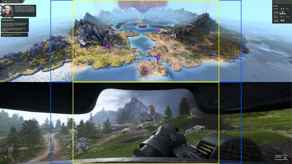Hier seht ihr die Bildfläche in Total War: Warhammer 2 (oben) und in Battlefield 1 (unten) in verschiedenen Auflösungen: Der gelbe Rahmen gilt für 1920x1080 (16:9), der blaue für 2560x1080 (21:9) und das Gesamtbild für 3840x1080 (32:9).