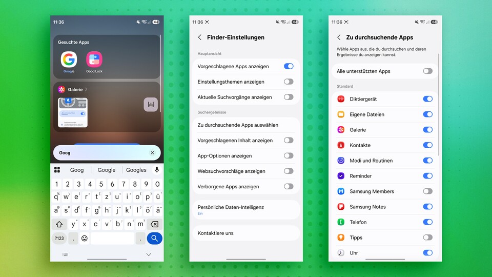 Der Finder soll mir lediglich Apps vorschlagen und Inhalte aus ausgewählten Apps gemäß den Suchbegriffen anzeigen.