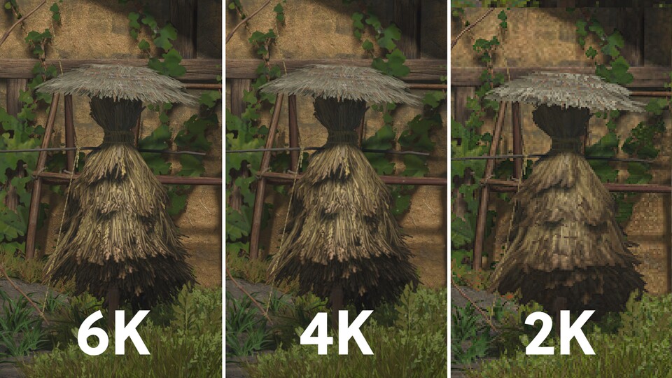 Zoomen wir weiter heraus, fällt es auf den Screenshots schon deutlich schwerer, zwischen 6K und 4K noch nennenswerte Unterschiede zu sehen. Sie sind aber vorhanden, etwa beim Gras im unteren Bereich des Bildes.