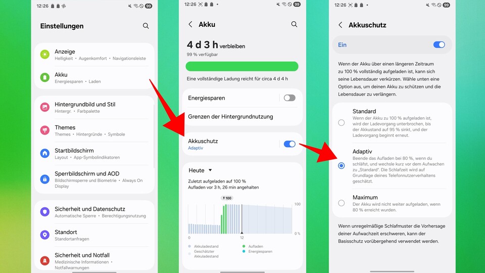 So aktiviert den Akkuschutz bei Samsung-Handys.