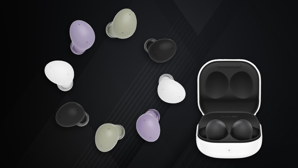Die Galaxy Buds2 In-Ear Kopfhörer mit Noise Cancelling gibt es in den Farben Olive, Lavender, Graphite und Weiß