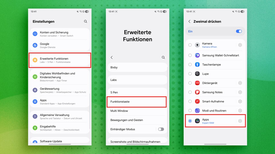 Mein Favorit: Die Schnelltaste mit der App Expert Raw belegen.