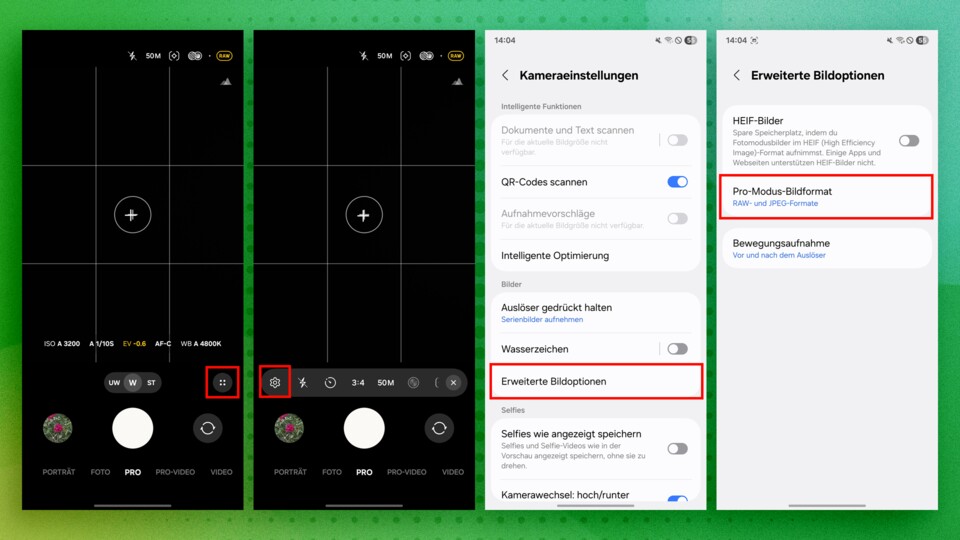 Wichtig: Nur im Pro-Modus werden Aufnahmen auch in RAW gespeichert.