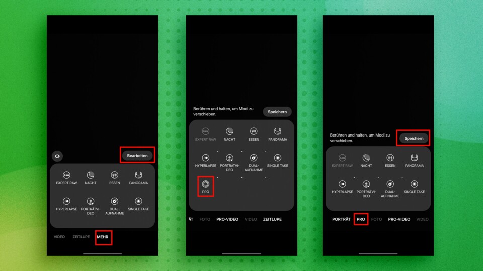 Ich habe es zwar erst spät herausgefunden, aber die Modi-Leiste innerhalb der Kamera könnt ihr nahezu frei anpassen.