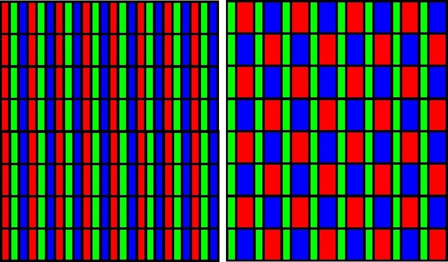 Links: Die Subpixel-Struktur eines Super-AMOLED-Plus- oder LC-Displays. Rechts: Super-AMOLED-Displas mit PenTile-Matrix wie beim Galaxy Nexus.