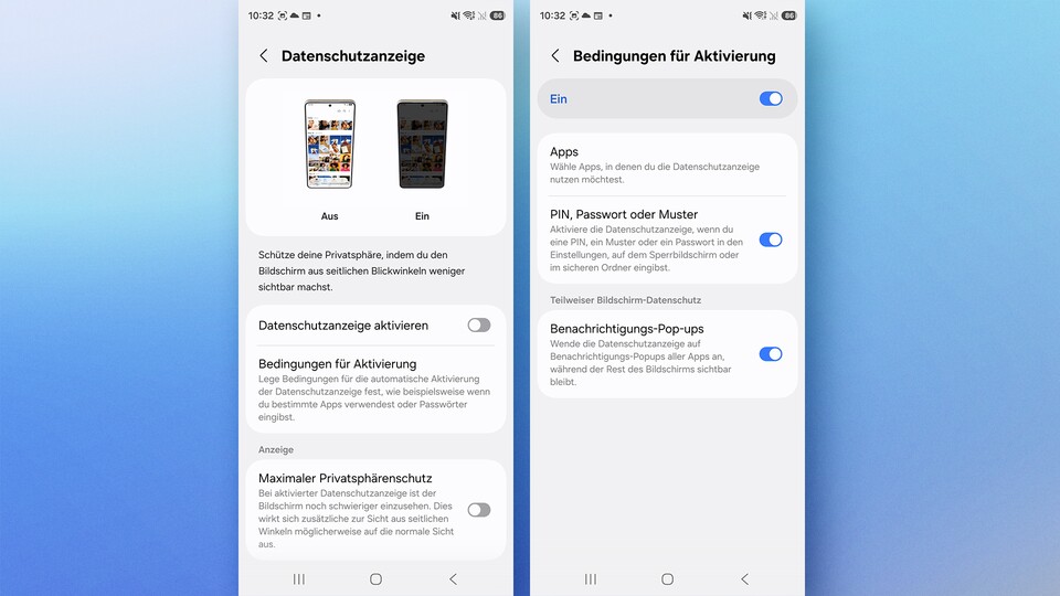 Das Privacy Display lässt sich individuell konfigurieren. Ihr könnt entscheiden, ob das gesamte Display eingeschränkt wird oder beispielsweise nur Push-Mitteilungen oder PIN-Eingaben. (Bildquelle: GameStar Tech)