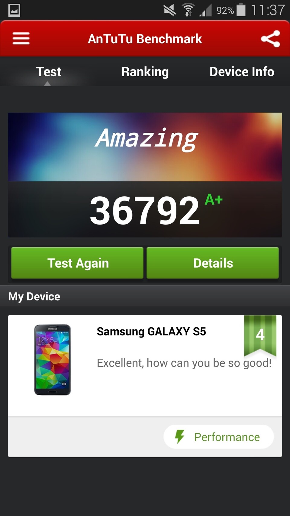 Antutu testet Smartphones auf ihre Rechenleistung und spuckt auf dem Galaxy S5 extrem hohe Ergebnisse aus.