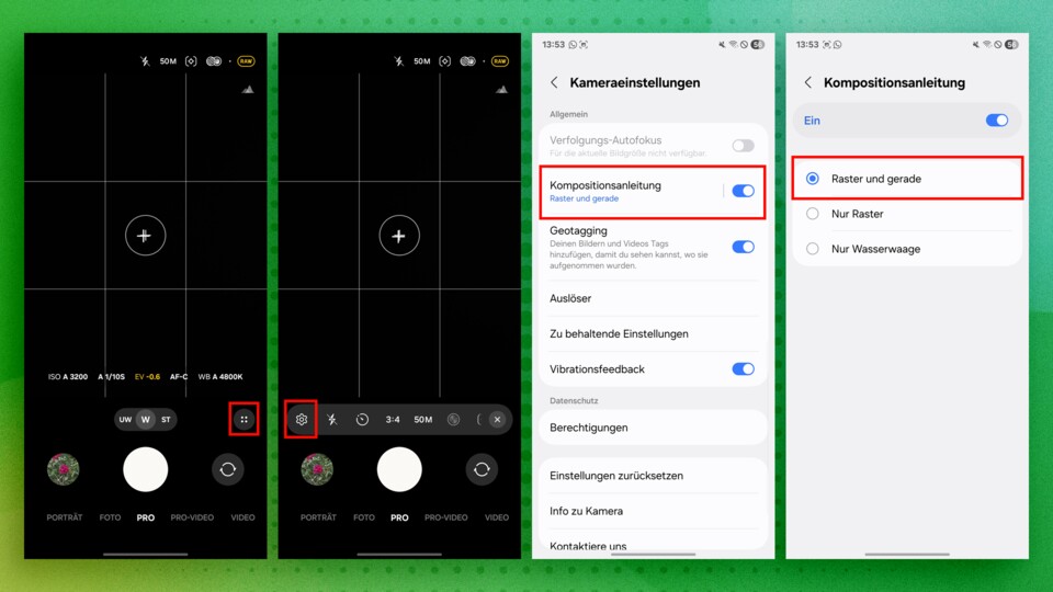 Mit der Option »Raster« wird die Wasserwaage neben dem Raster aktiviert.