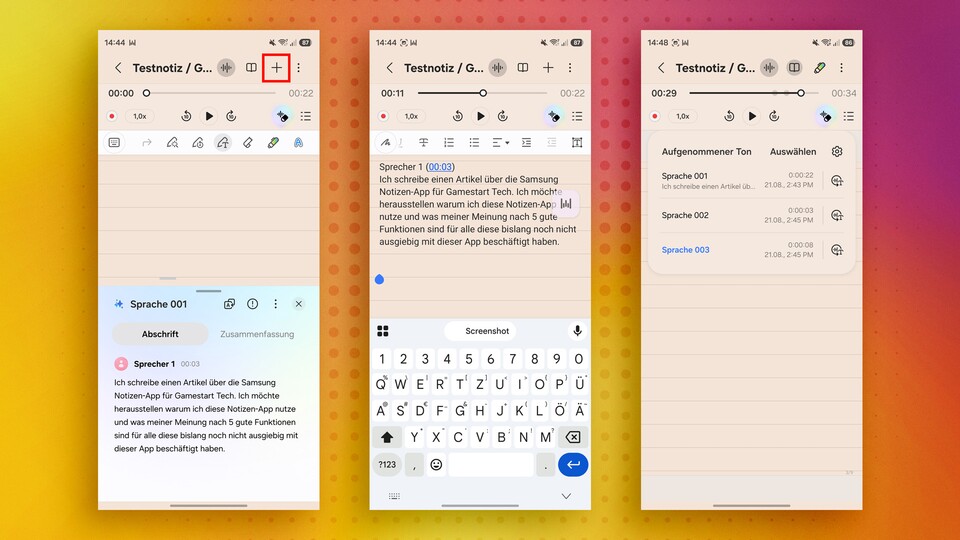 Das Transkript ist nicht immer fehlerfrei. Über GBoard beziehungsweise der Samsung-Tastatur könnt ihr allerdings Gemini Galaxy AI den Text glätten lassen. (Bild: Patrick S.GameStar Tech)