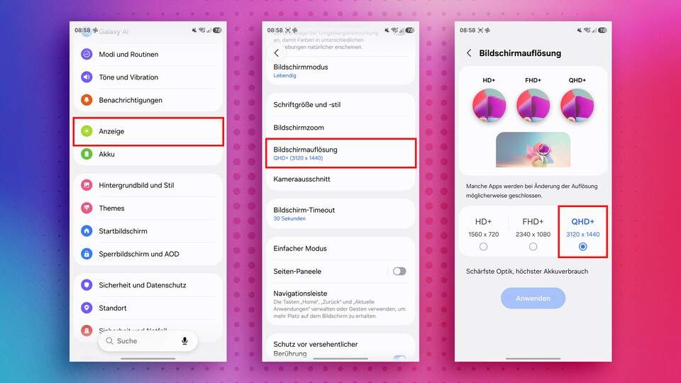 Die QHD+-Auflösung steht nicht für alle Samsung-Geräte zur Auswahl. Selbst bei den Flaggschiff-Modellen ist aber standardmäßig FHD+ eingestellt. (Bildquelle: Patrick »Fernando« Schneider)
