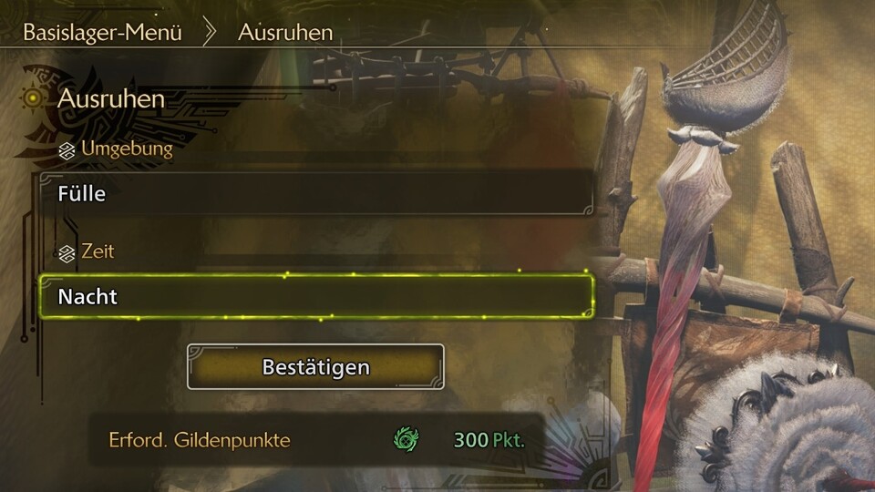 Für 300 Gildenpunkte könnt ihr in eurem Zelt übernachten und die benötigte Zeit und Umgebung einstellen.