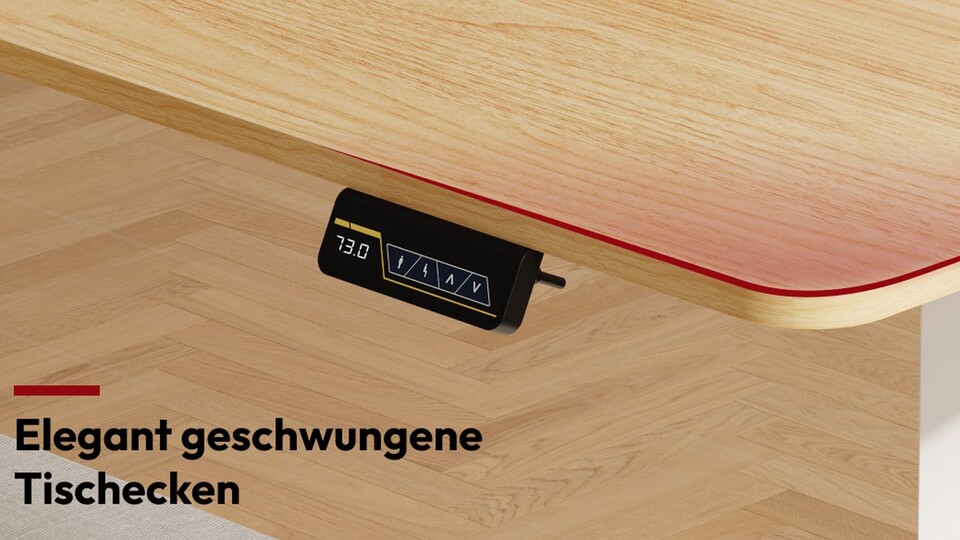 An der Vorderseite des Tisches ist diese kleine Steuereinheit für die Tischhöhe installiert. Einer der Buttons bringt den Tisch sofort auf Stehhöhe.