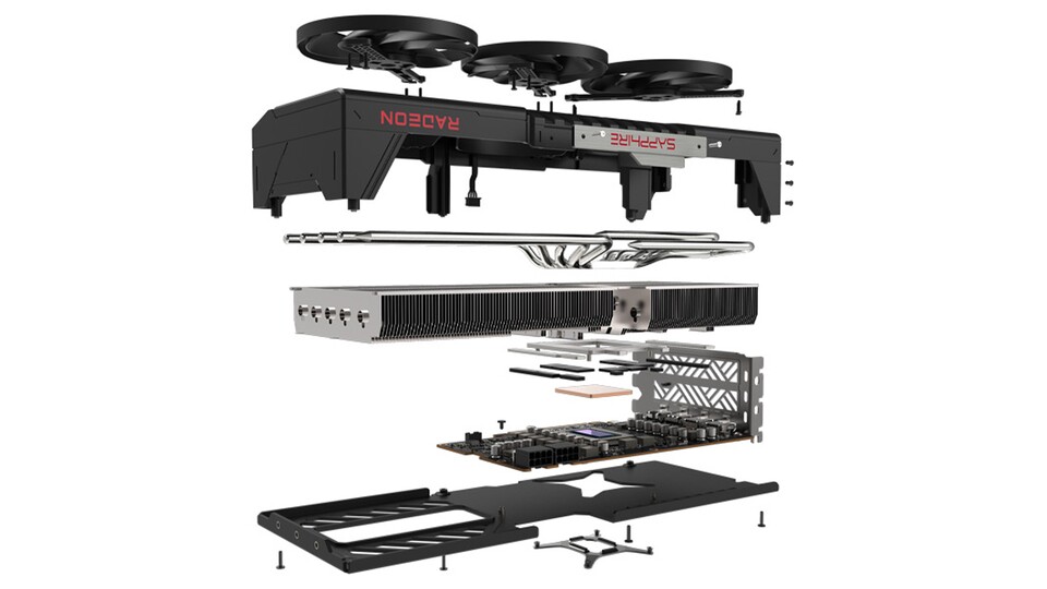Die Explosionszeichnung zeigt eindrucksvoll, wie die fertige Grafikkarte aufgebaut ist.