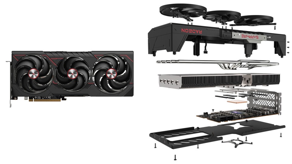 Das Kühlkonzept der Sapphire Pulse RX 9070 XT besteht aus drei Lüftern, einem großen Kühlkörper und diversen Wärmeleitungen, welche die Abwärme gleichmäßig verteilen.