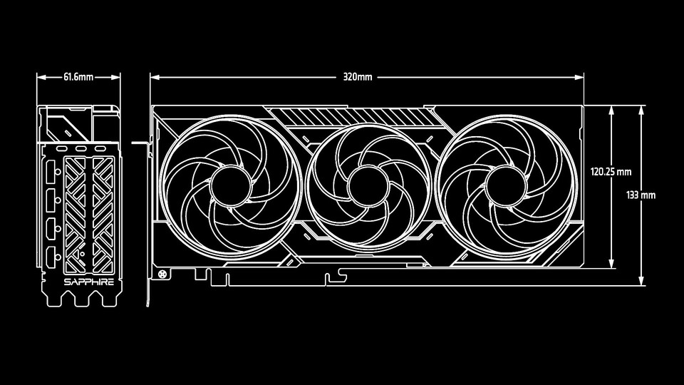 Das sind die überschaubaren Maße der RX 9070 XT mit dem Kühlerdesign von Sapphire. Sie sollte in nahezu jedem Gehäuse genug Platz finden.