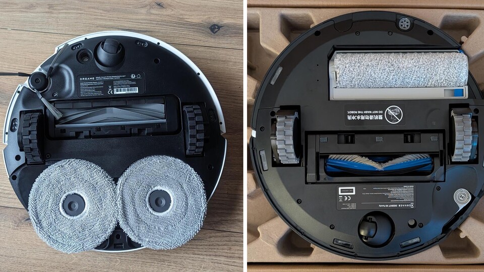 Saugroboter mit Wischfunktion oder ohne? Ich empfehle ausschließlich mit - aus zwei Gründen. Im Bild seht ihr die rotierenden Mopps des Dreame X40 (links) und die Wischwalze des Ecovacs X8 (rechts).