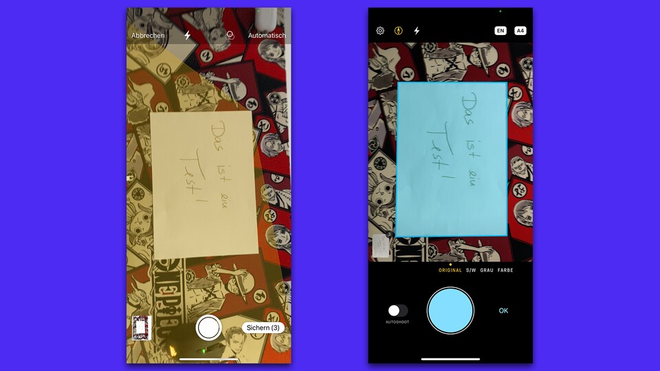 Auf dem linken Screenshot kommt die Notizen-Apps aufs Chaos auf der Schreibtischauflage nicht klar. Zu erkennen ist das am gelben Rahmen, der eigentlich nur über dem Blatt Papier liegen sollte.