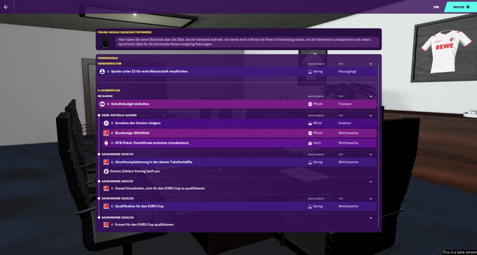 Schon vor dem eigentlichen Spielbeginn werden wir mit den neuen Vereinszielen konfrontiert. Statt nur für die aktuelle Saison müssen wir für die nächsten fünf Jahre planen.