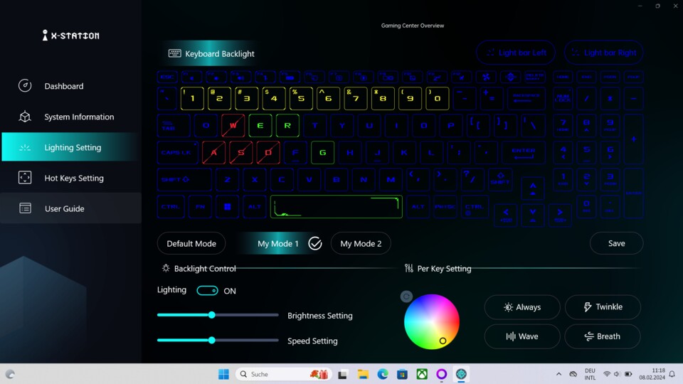 Die mitgelieferte Software bietet viele Einstellmöglichkeiten für die Beleuchtung von Tastatur und Lightbar.