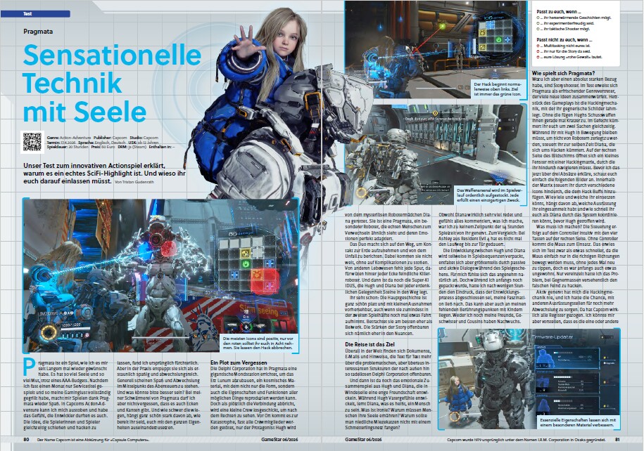 Neben Death Stranding ist Pragmata das zweite Spiel im Heft, in dem ein KInd (sic!) nicht ganz unwichtig ist.