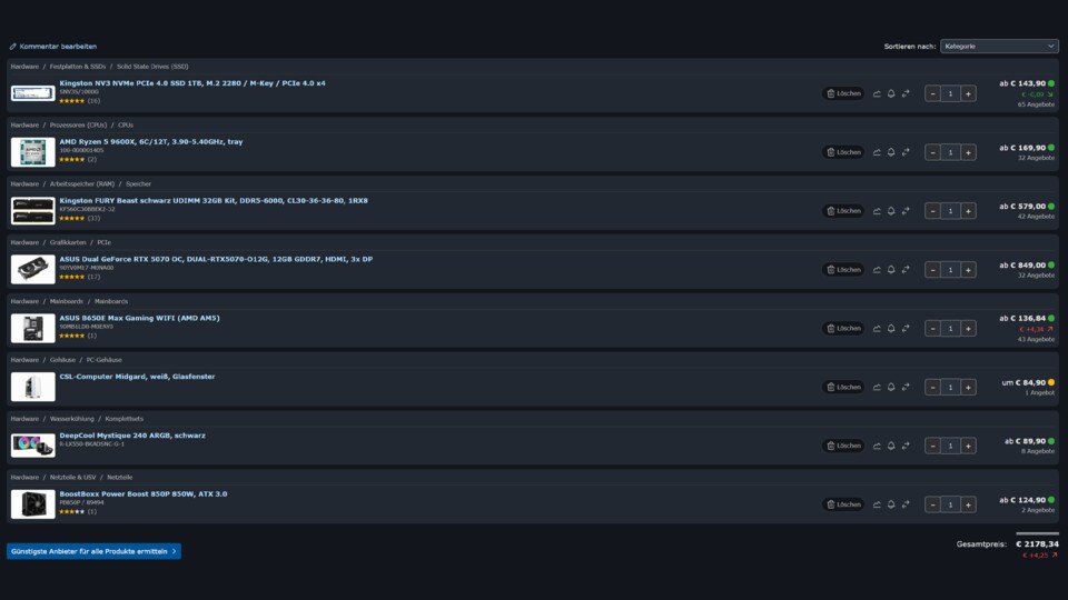 Ein selbst gebauter Gaming-PC aus gleichen oder vergleichbaren Komponenten kommt euch spürbar teurer. (Bildquelle: Geizhals.de Stand 20.10.26 ca. 10:40 Uhr)